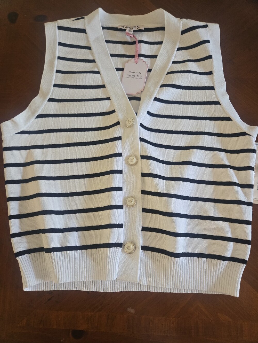 Nannette White and Navy Striped Knit Button Vest